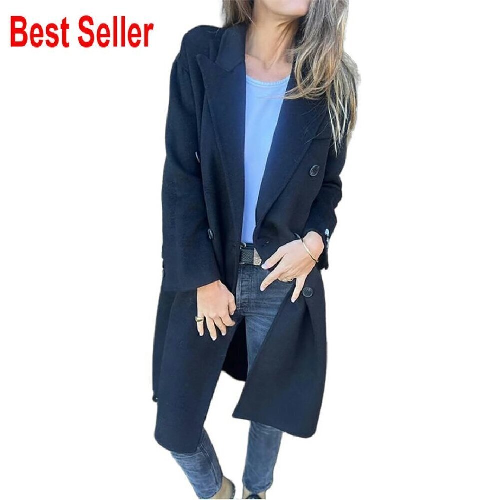 Long Wool Trench Coat Double Breasted Classic Elegant Office Chic Outerwear
